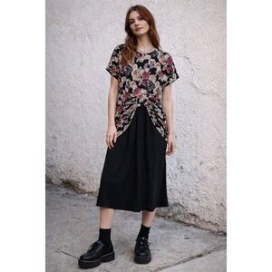 Ansley VTG Dark Floral Peplum Midi Day Dress Secretary Rayon Short Slve 80s 90s